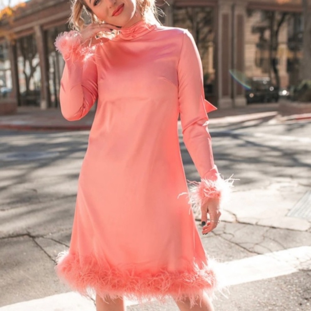 Pink satin feather trim dress. A staple in my closet, unworn  with a slim fit.
